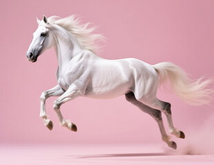 Running graceful fast horse on pink soft background.