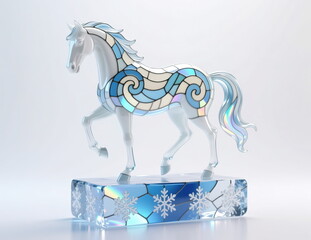 A crystal sculpture of a horse on a pedestal made of ice and snowflakes. Stained glass style.