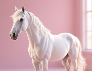 Running graceful fast horse on pink soft background.