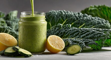 Detox and weight loss are symbolized by a green juice of kale, cucumber, and lemon