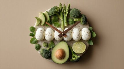 A timepiece constructed from eggs, avocado, and broccoli represents intermittent fasting and nutritious eating