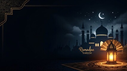 Naklejka premium Ramadan Kareem & Eid El-Fitr Mubarak Islamic Background with Mosque Silhouette and Lantern Wishes