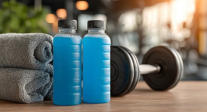 A blue electrolyte drink bottle, a towel, and a dumbbell sit in a gym, representing hydration and fitness