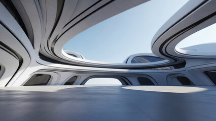 3d render of abstract futuristic architecture with empty concrete floor. Scene for car presentation.