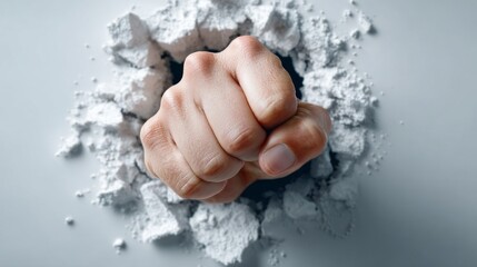 A clenched fist tearing through torn paper, symbolizing legal jurisdiction and justice, as a forceful assertion of authority, enforcement, and verdict impact