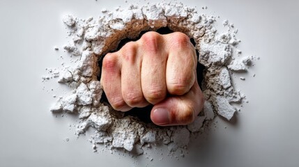 A fist bursting through a torn paper barrier, symbolizing legal authority and a breakthrough