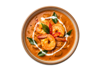 shrimp curry with lime leaves and chili in ceramic bowl