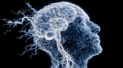 A glass‑like head and neck illustration with an illuminated nerve pathway that underscores the vagus nerve, conveying vagus nerve stimulation for trauma recovery and nervous system healing