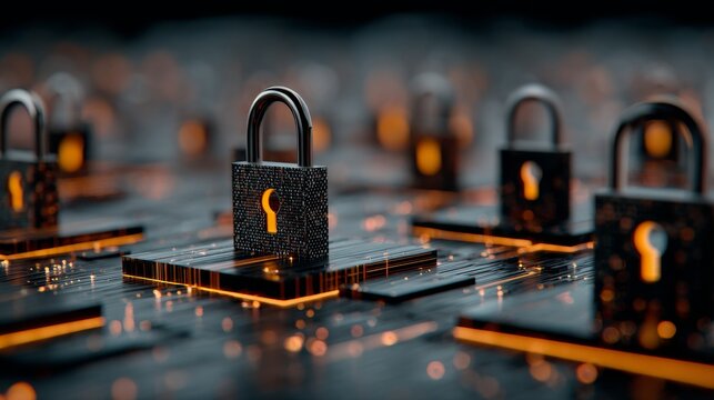 Padlock placed on a chip of a device, surrounded by network nodes and data block graphics, illustrating the endpoint security concept that safeguards device access and data