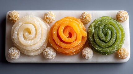 Traditional Indian sweets display featuring Jalebi and Ladoo on a serving platter during a festive occasion