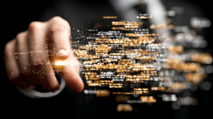 A hand touches a hovering digital file icon against a city skyline, symbolizing enterprise content management and digital data governance control