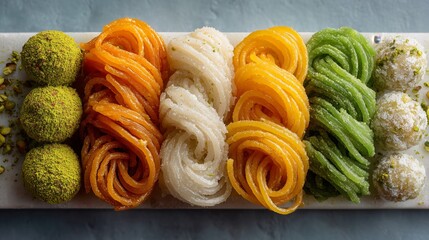 Traditional Indian sweets display with Jalebi and Ladoo in various colors during a festive occasion