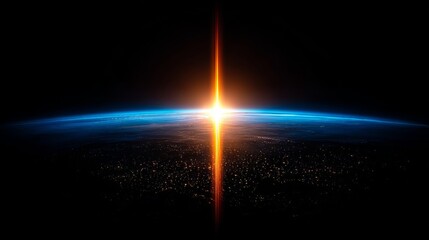 From space, the sunrise over Earth's horizon features a glowing sun, a thin atmospheric border, and a cloud shadow, embodying global peace and a new beginning