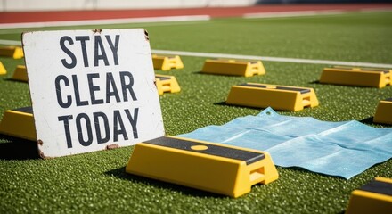 Track and field equipment arranged on sunny green turf for athletic training and practice