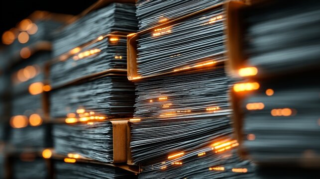 A stack of document files that includes a glowing data node indicating enterprise content management and digital asset management workflow