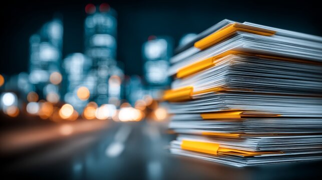 A stack of digital documents featuring glowing data nodes that illustrate compliance policy record management and a secure audit trail