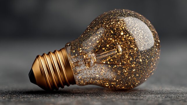 A lightbulb perched on a dark surface, surrounded by golden glitter, symbolizes a flawless innovation strategy, business idea, illumination, creativity, and strategic planning