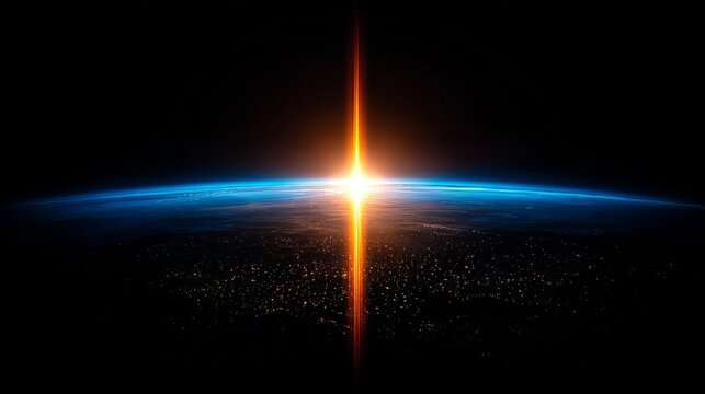 From space, the sunrise over Earth's horizon features a glowing sun, a thin atmospheric border, and a cloud shadow, embodying global peace and a new beginning