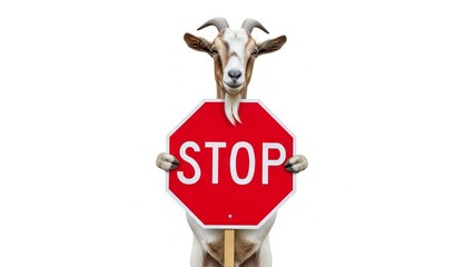 goat holding a red stop sign, road sign, solid white background
