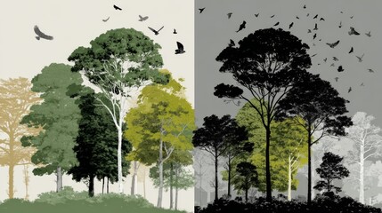 A landscape split between thriving and deteriorated zones, featuring trees, birds, shrubs, and desolate patches that embody biodiversity loss and ecosystem collapse