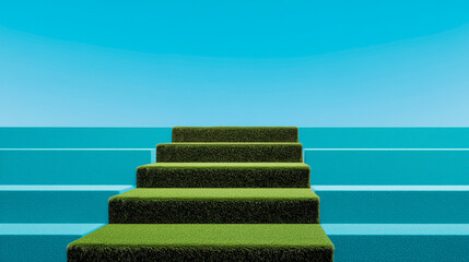 Staircase made with blocks of green grass from a soccer field against a blue sky representing the concept of growth, progress and the path to success