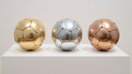 Three soccer balls with gold, silver and bronze metallic finishes on a pedestal that represent the concept of achievement, trophies and awards