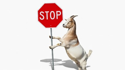 goat holding a red stop sign, road sign, solid white background
