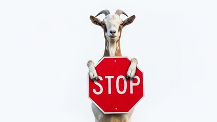 goat holding a red stop sign, road sign, solid white background
