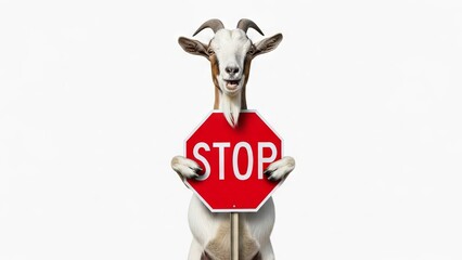 goat holding a red stop sign, road sign, solid white background
