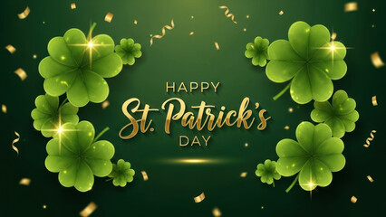 Green shamrocks with gold confetti celebrating St. Patrick's Day.
