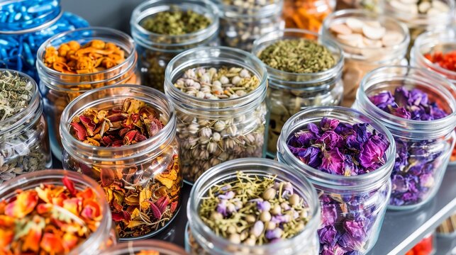 Assortment of dried herbs and botanicals fill glass jars, arranged on a shelf