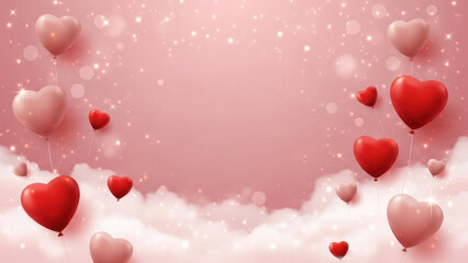 Pink sky with floating red and pink heart-shaped balloons and sparkling lights.