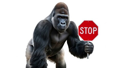gorilla holding a red stop sign, road sign, solid white background