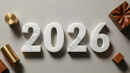Luxury White Marble Numbers 2026 for New Year and Calendar Concept on Grey Background - Generated AI.