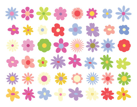 Hand drawn botanical set of abstract colorful spring Daisy flowers. Organic floral design in trendy cartoon retro style. Spring flowers in different shapes. Natural bloom petal. Floral design