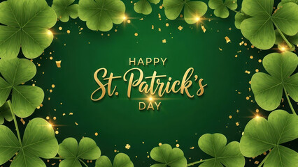 Green background with shamrocks and gold accents celebrating St. Patrick's Day.