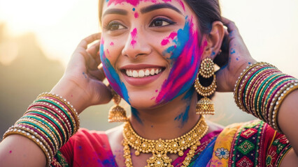 Woman celebrating Holi with colorful powder on her face and traditional attire.