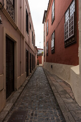 Fototapeta premium Narrow cobblestone street in La Orotava, traditional houses with wooden windows and colorful walls, Tenerife, Canary Islands.