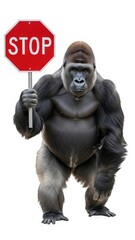 gorilla holding a red stop sign, road sign, solid white background