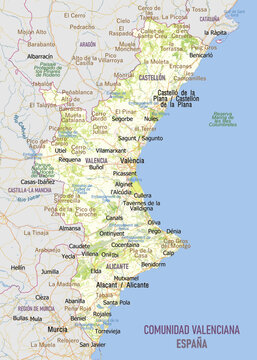 Map of Comunidad Valenciana, Spain, showcasing its major cities. The map includes geographical features such as mountains, rivers, and coastlines.