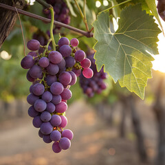 A ripe bunch of red grapes hangs on a grapevine with green leaves in a sunny autumn vineyard during the winery harvest
