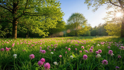 Sunlit meadow filled with pink and white flowers, surrounded by green trees.