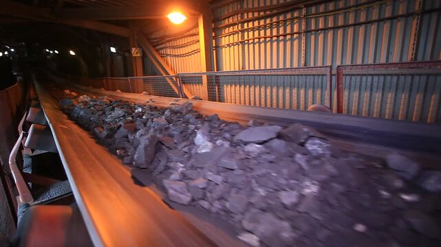 Pieces of ore travel along a conveyor belt after crushing