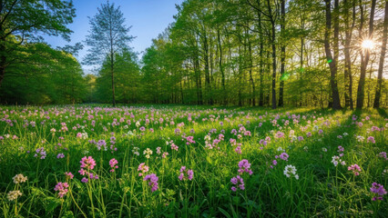 Sunlit meadow filled with pink and white wildflowers, surrounded by green trees.