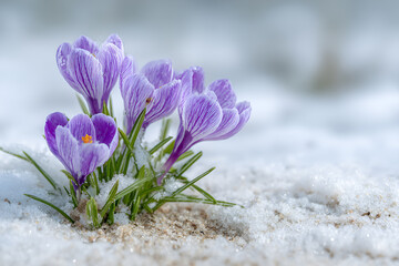 Fioletowe krokusy w śniegu, pierwsze oznaki wiosny i przebudzenie natury, delikatne kwiaty na zimowym tle.