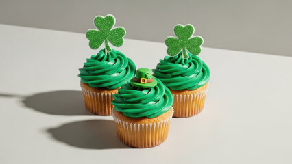 Three cupcakes decorated with green frosting and shamrock toppers for St. Patrick's Day.