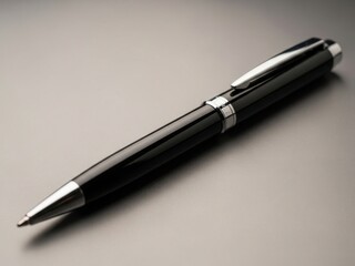 A sleek black ballpoint pen rests on a neutral grey surface