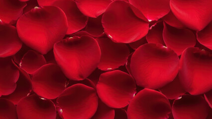 close-up of red rose petals scattered randomly.