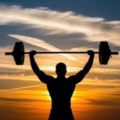 Silhouette of a weightlifter successfully completing a clean and jerk overhead
