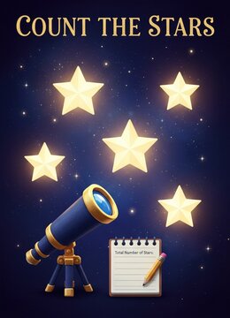 Count the Stars Kids Educational Game - Adorable Stargazing Puzzle with Telescope in a Magical Night Sky